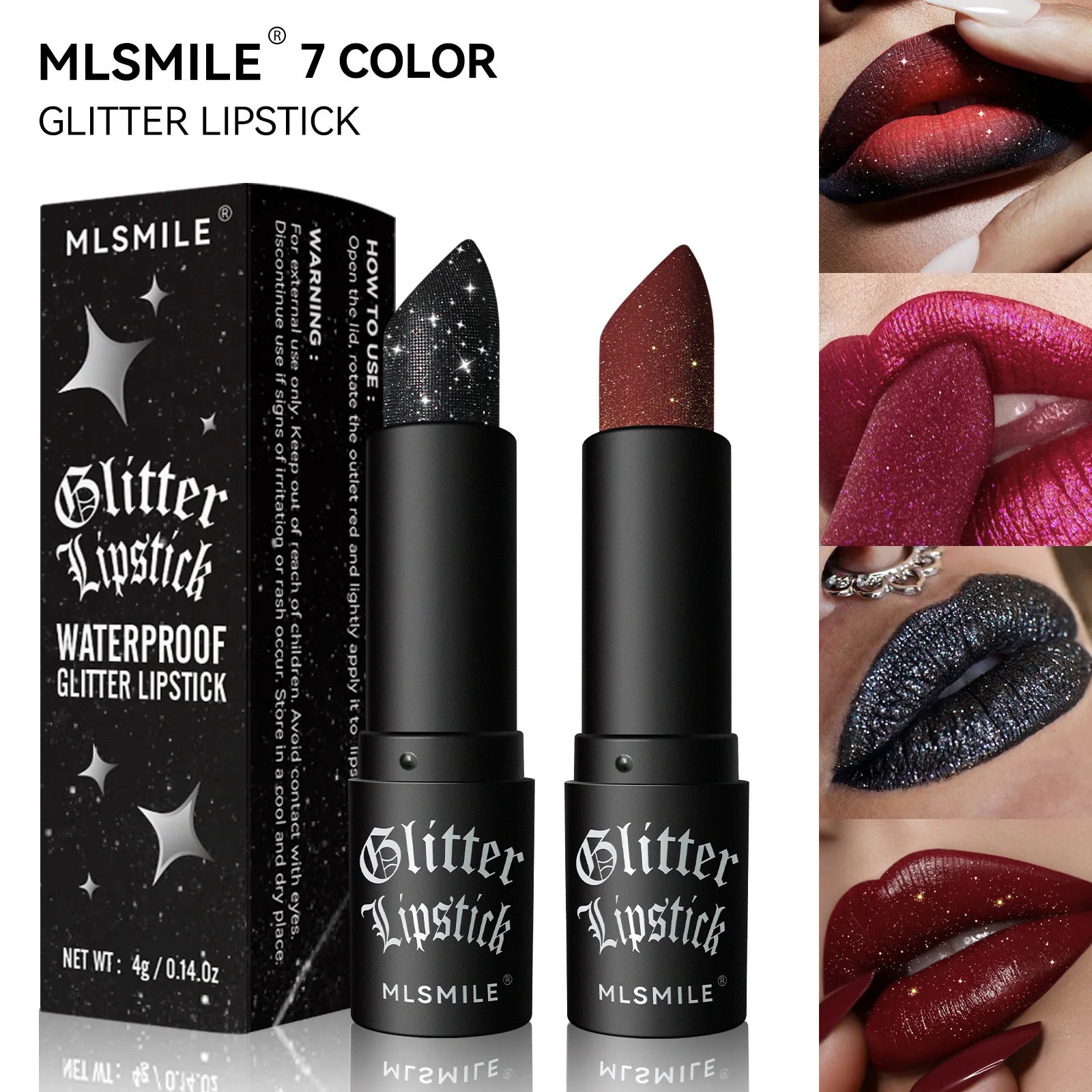 7Colors Glitter Lipstick Waterproof Long Lasting Diamond Pearlescent Metallic